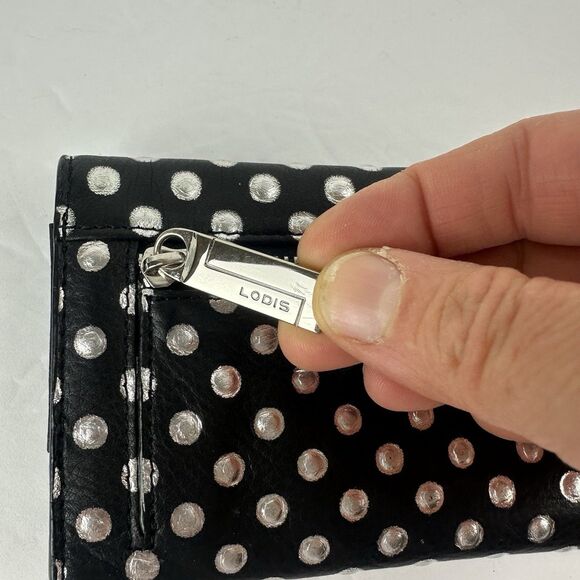 LODIS Black Silver Polka Dots Leather Bifold Wristlet Zip Coin Pouch Card Slots - Picture 3 of 8
